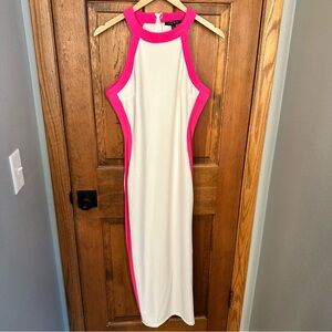 FORE Bodycon Color Block Midi Dress Hot Pink White Barbie Resortwear Cocktail  💕